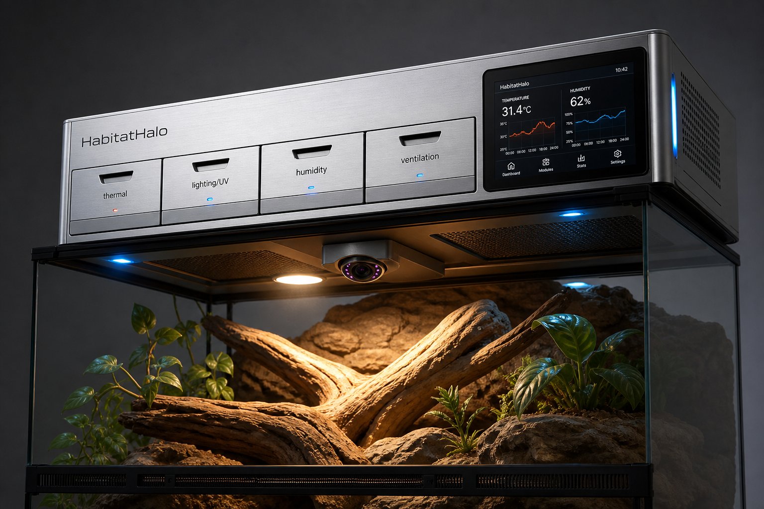 HabitatHalo concept render — an AI habitat monitor above a bioactive reptile enclosure