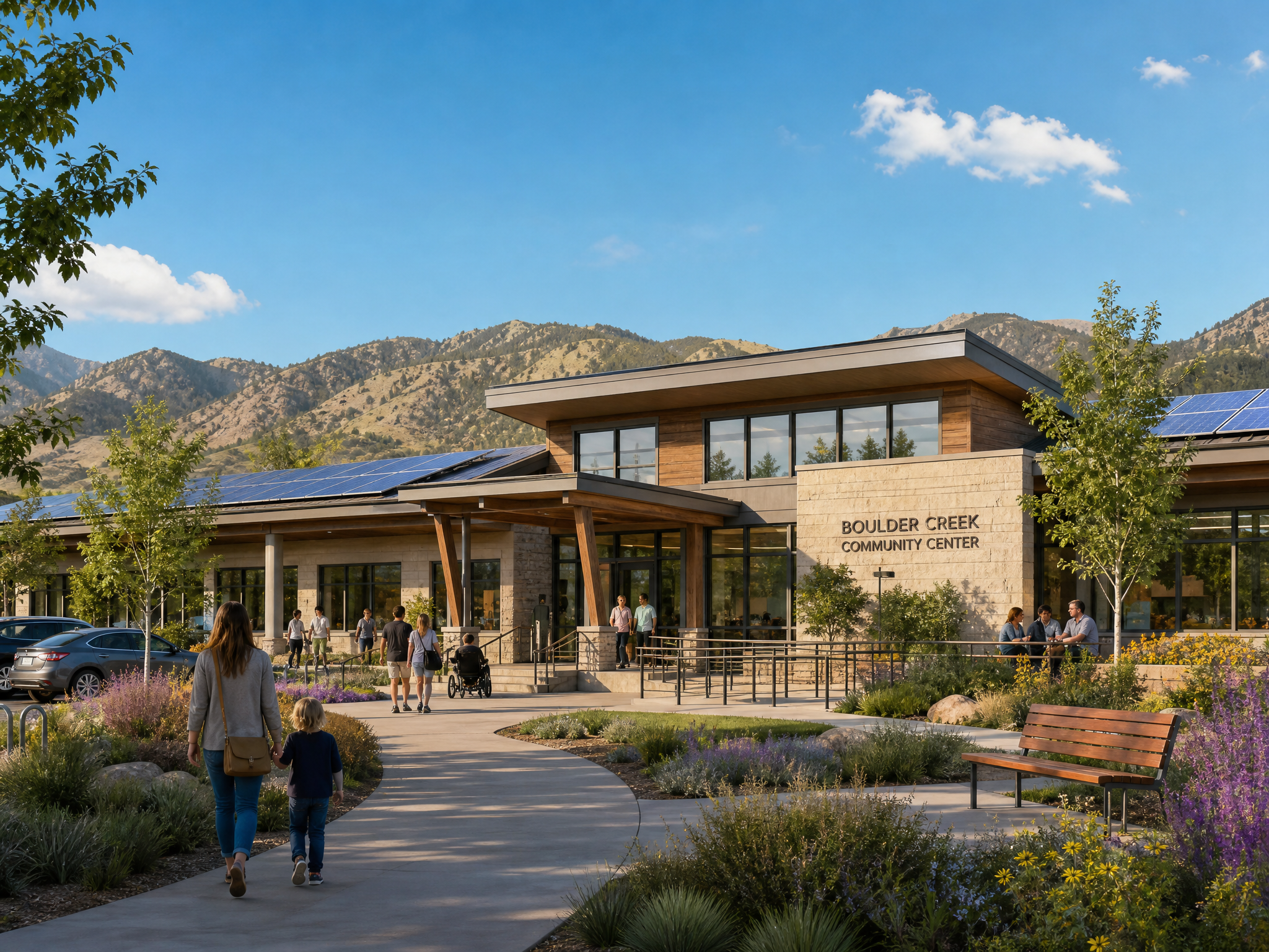 Projected view of the community campus building for recreation, wellness, and learning