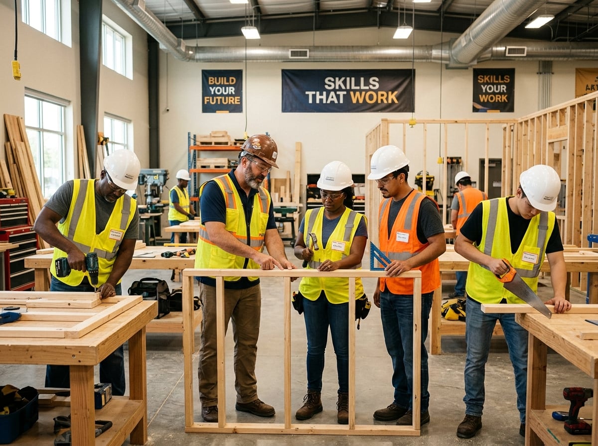 Adults in a hands-on construction-trades workforce training classroom, focused and empowered