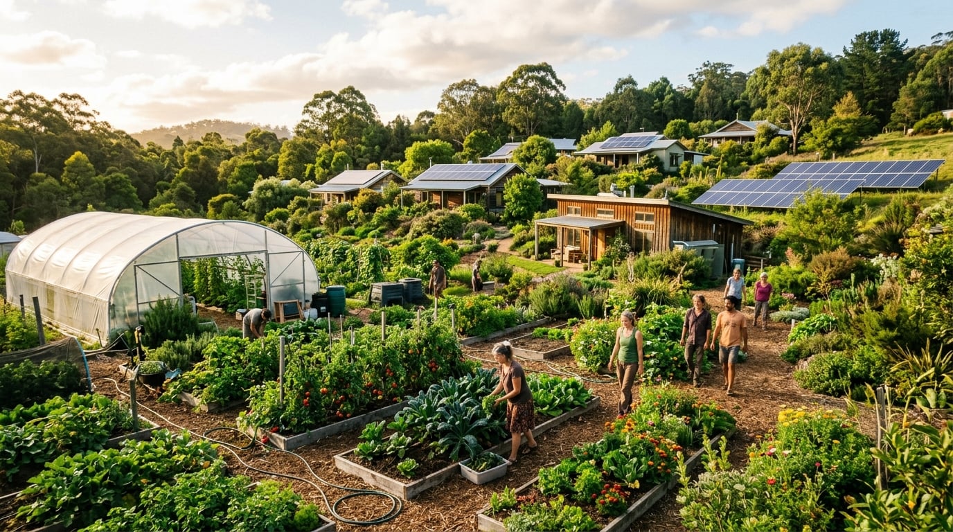 A sunlit regenerative community farm with healthy raised garden beds, a greenhouse, greenery, and solar panels