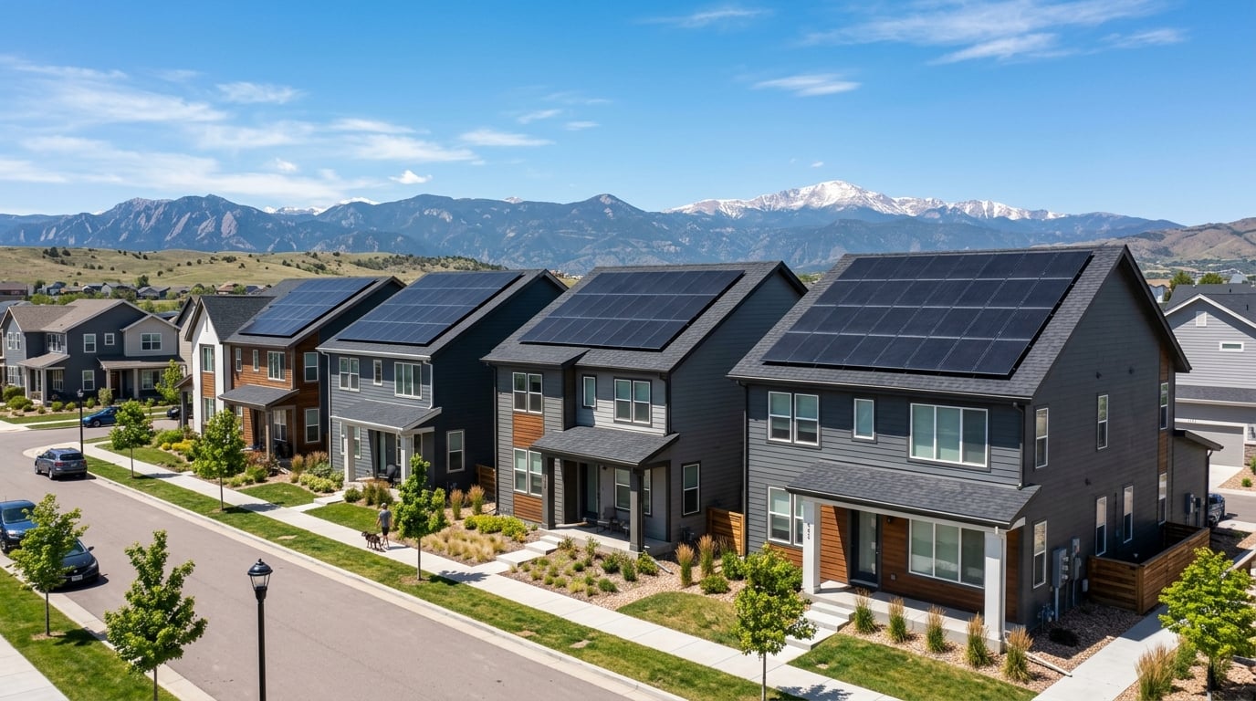 Illustration of solar panels powering an affordable housing community