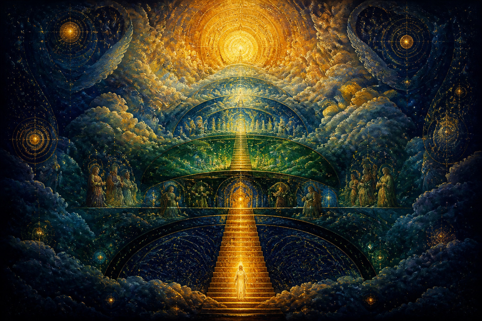 A small figure of light ascending a luminous stair rising through layered heavens toward a radiant summit