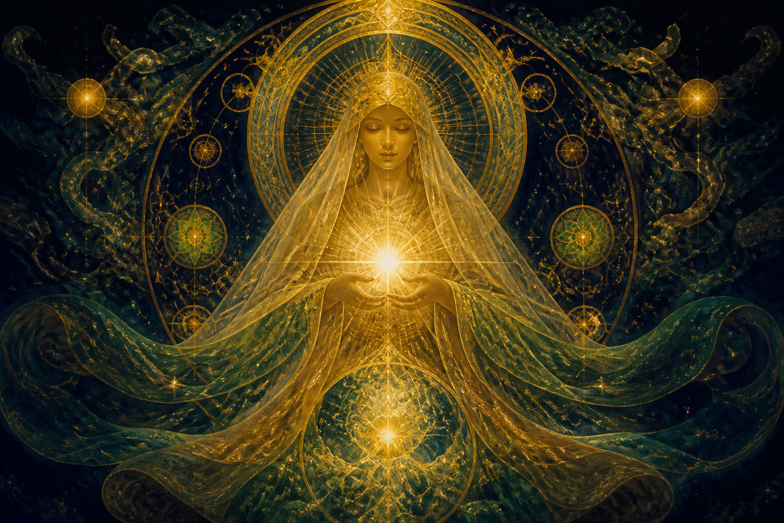 A luminous veiled feminine presence emerging as the first reflection of light within darkness