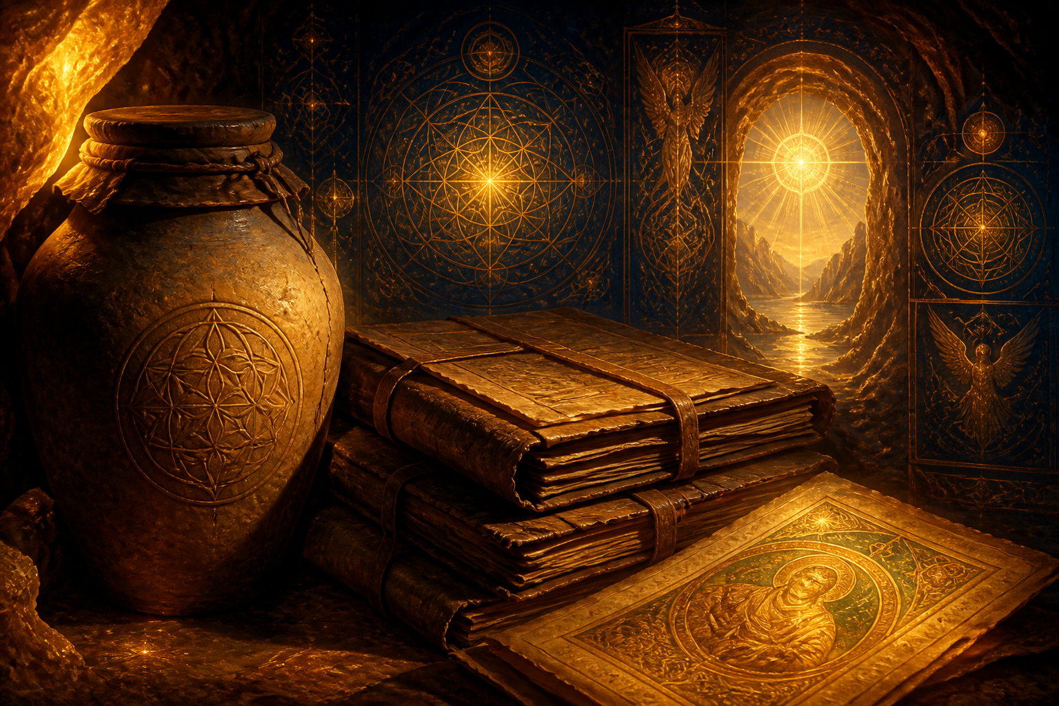 An ancient sealed clay jar and stacked leather-bound papyrus codices in warm desert cave light