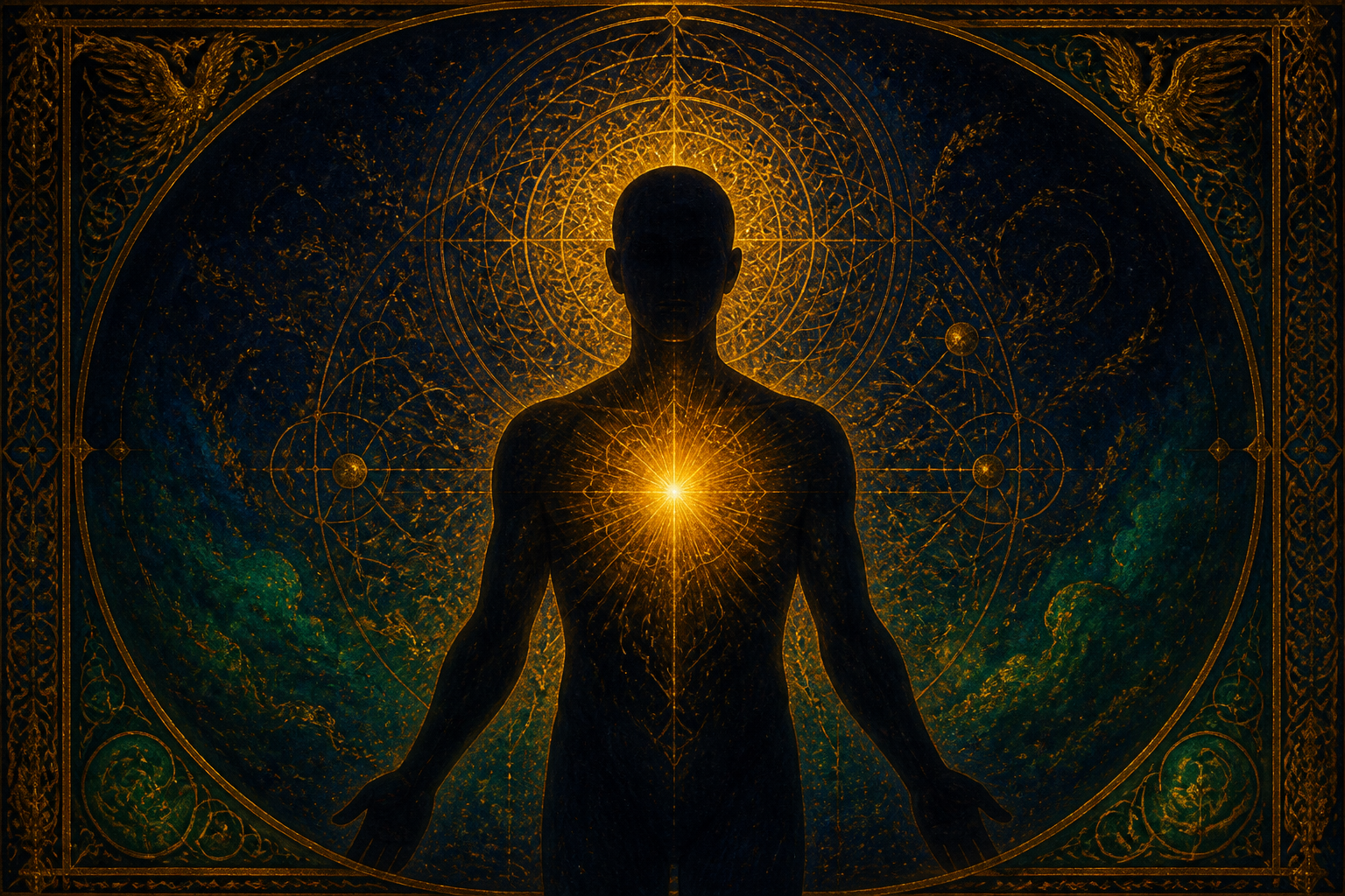 A human silhouette in darkness with a single golden seed of light glowing at the center of the chest