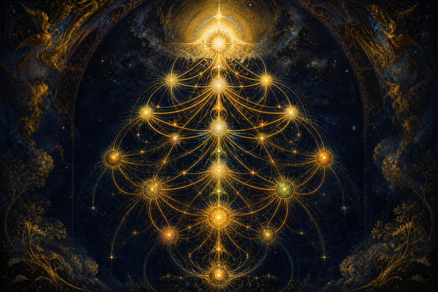 An abstract tree of light: branching gold lines connecting glowing nodes descending from a crown of light