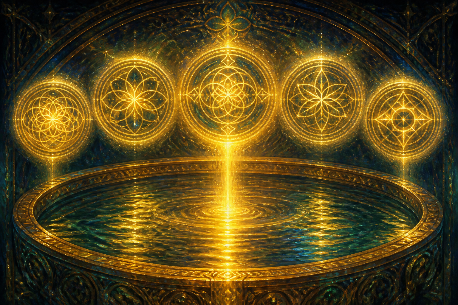 Sacred baptismal water reflecting light, with five radiant abstract seals of sacred geometry floating above