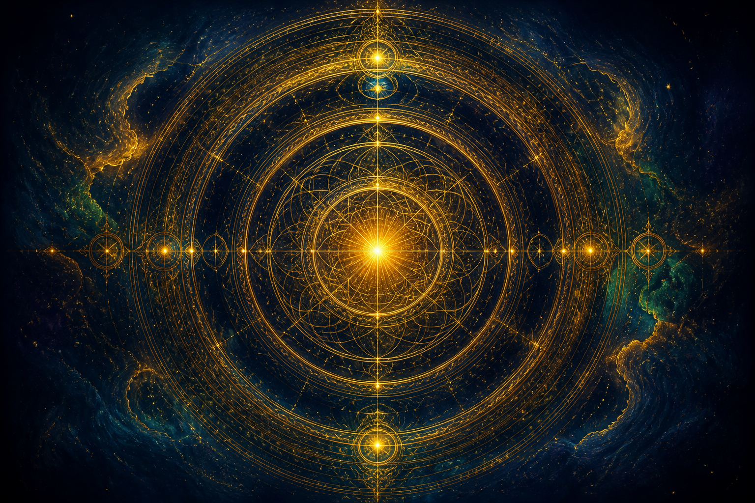 A single radiant point of golden light in dark cosmic space, sacred-geometry rings emanating outward
