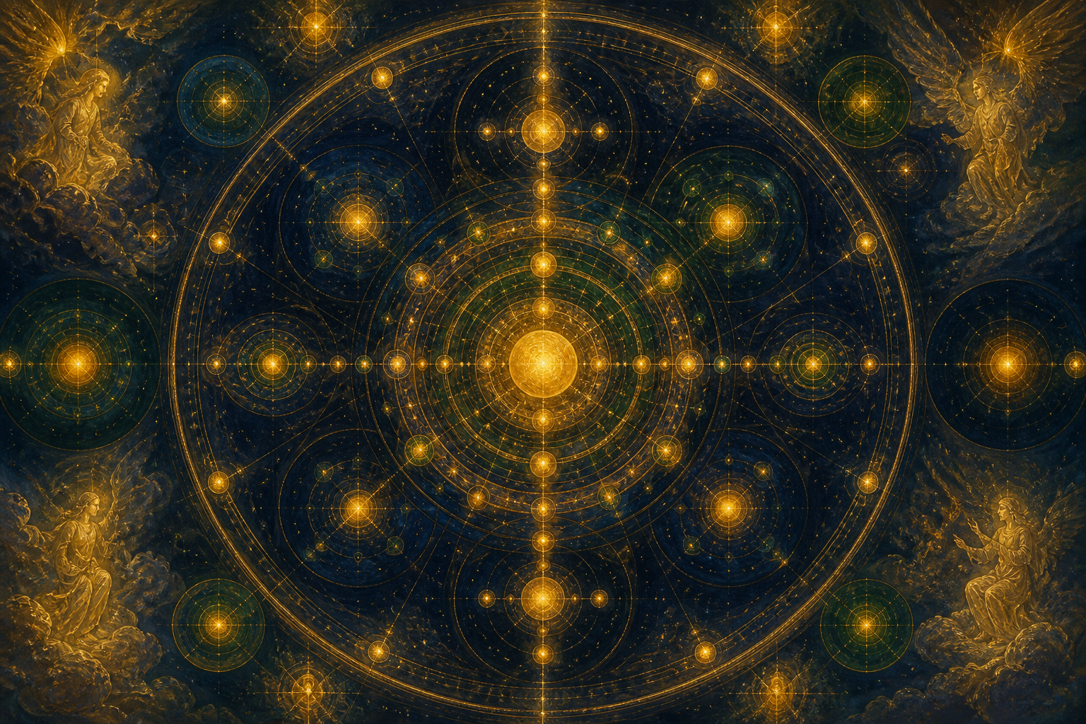A luminous map of concentric spheres and paired points of light — the fullness of the aeons