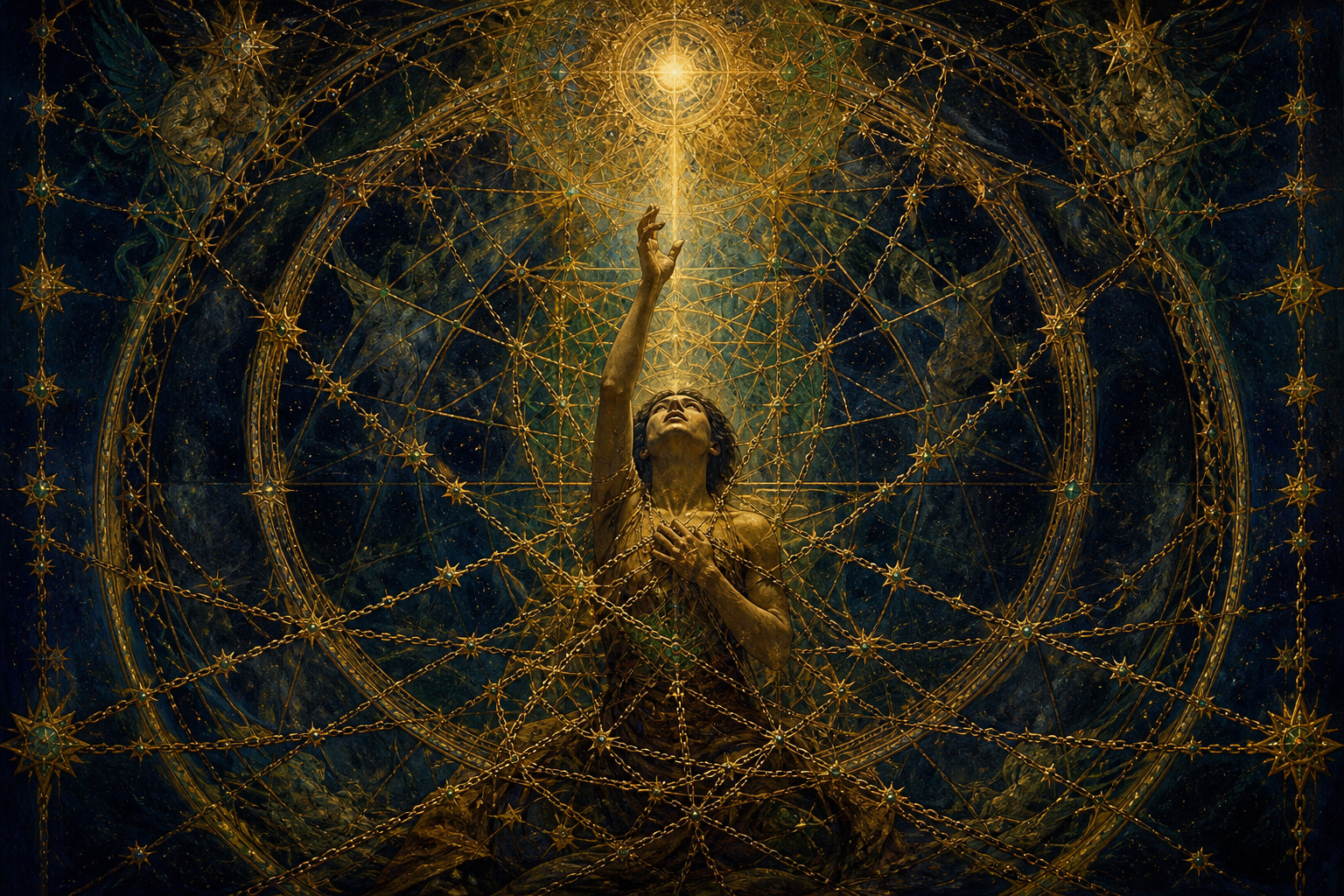A solitary human figure enclosed within a lattice of geometric lines and chains of stars, yearning upward