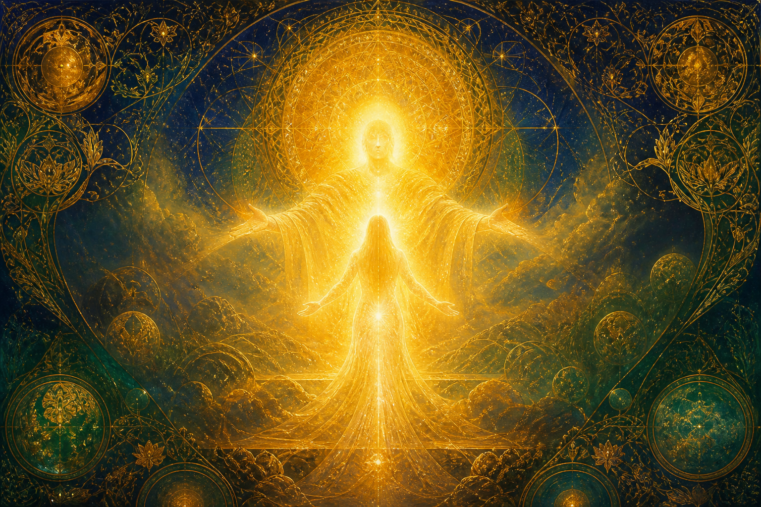 A luminous figure returning home, merging into a great embrace of golden radiance