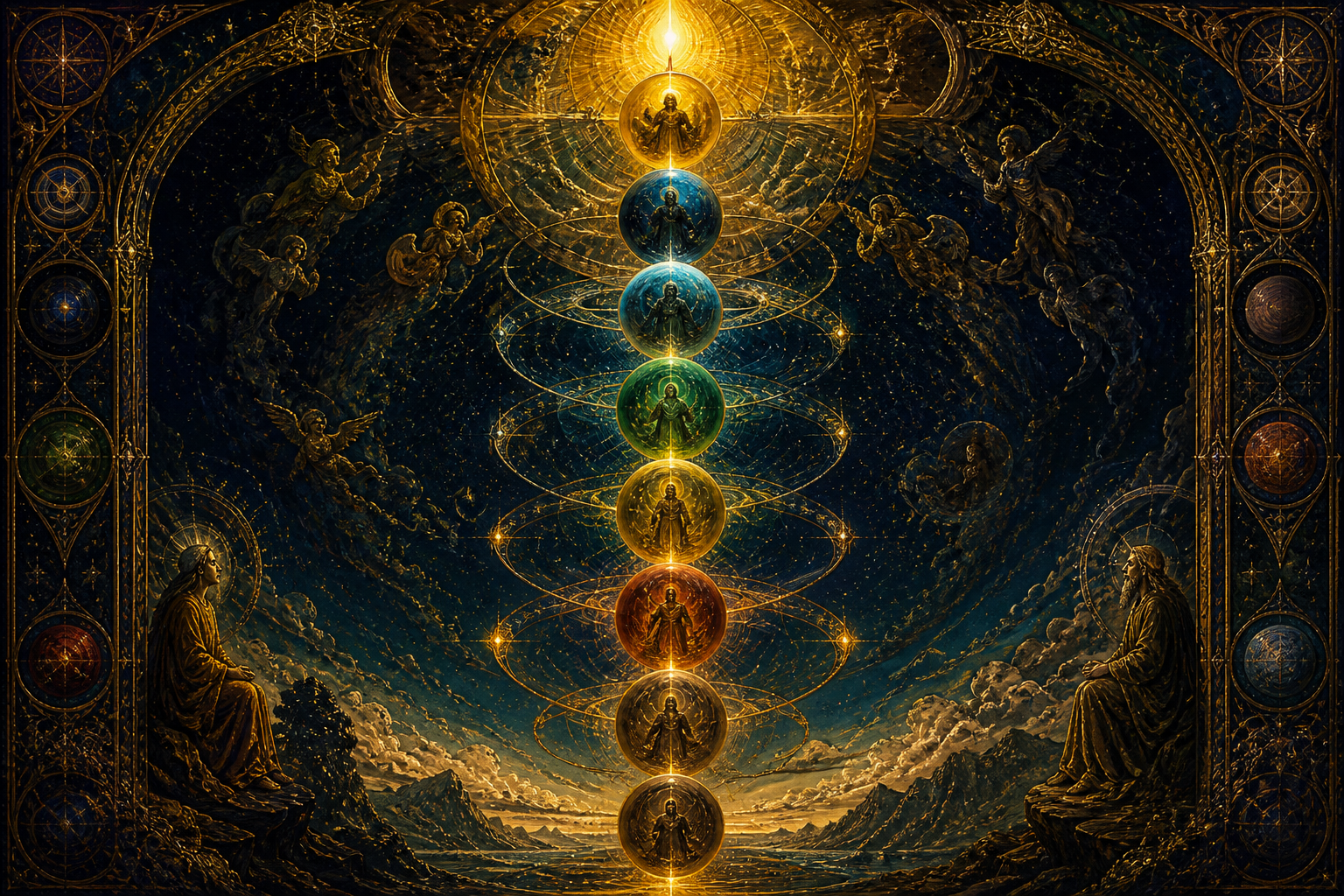 Seven dim ringed planetary spheres arranged as a vertical ladder of rulers and gates
