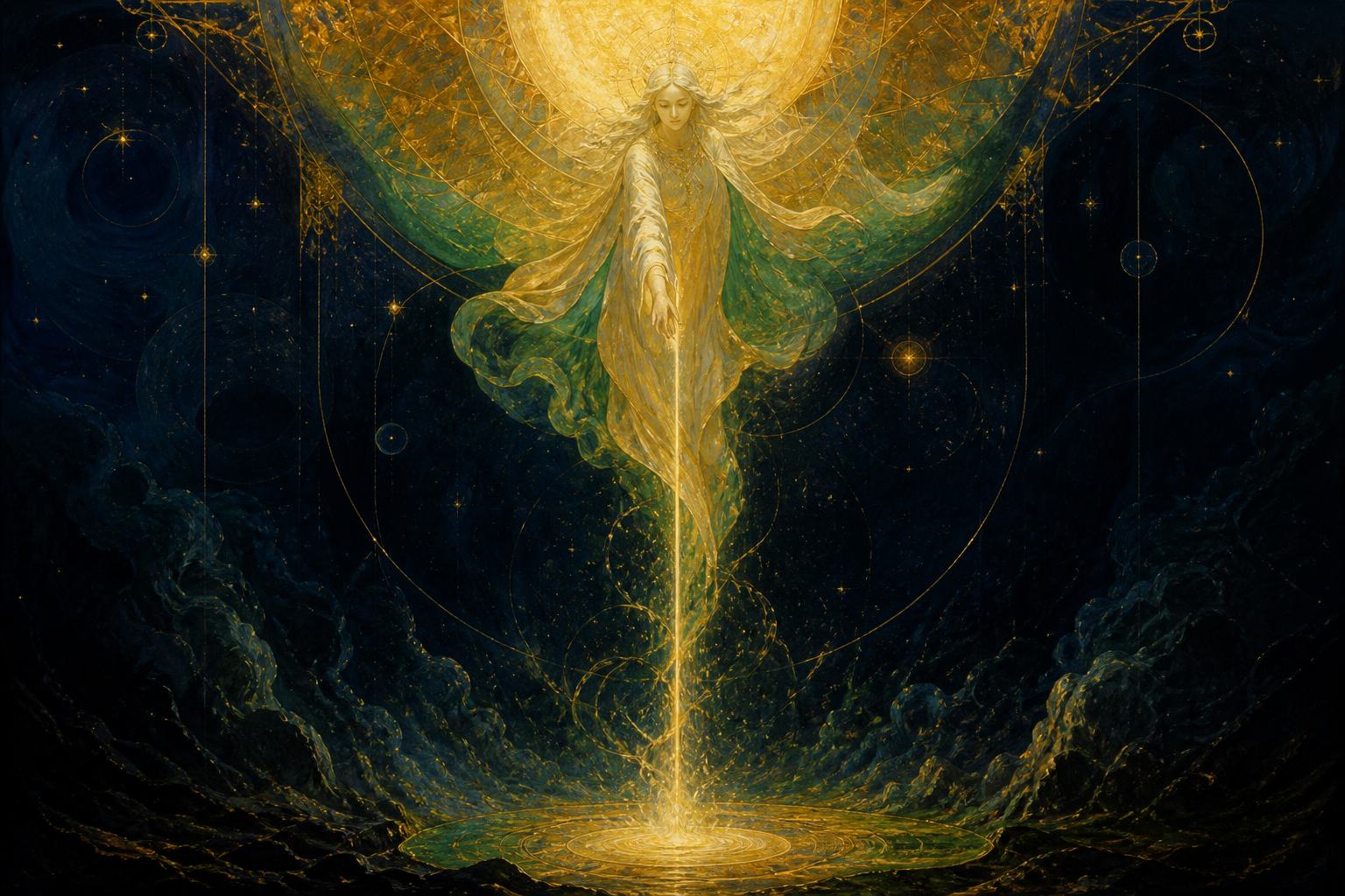 A robed feminine figure of light descending, a trailing ribbon of luminescence falling from the fullness into shadow