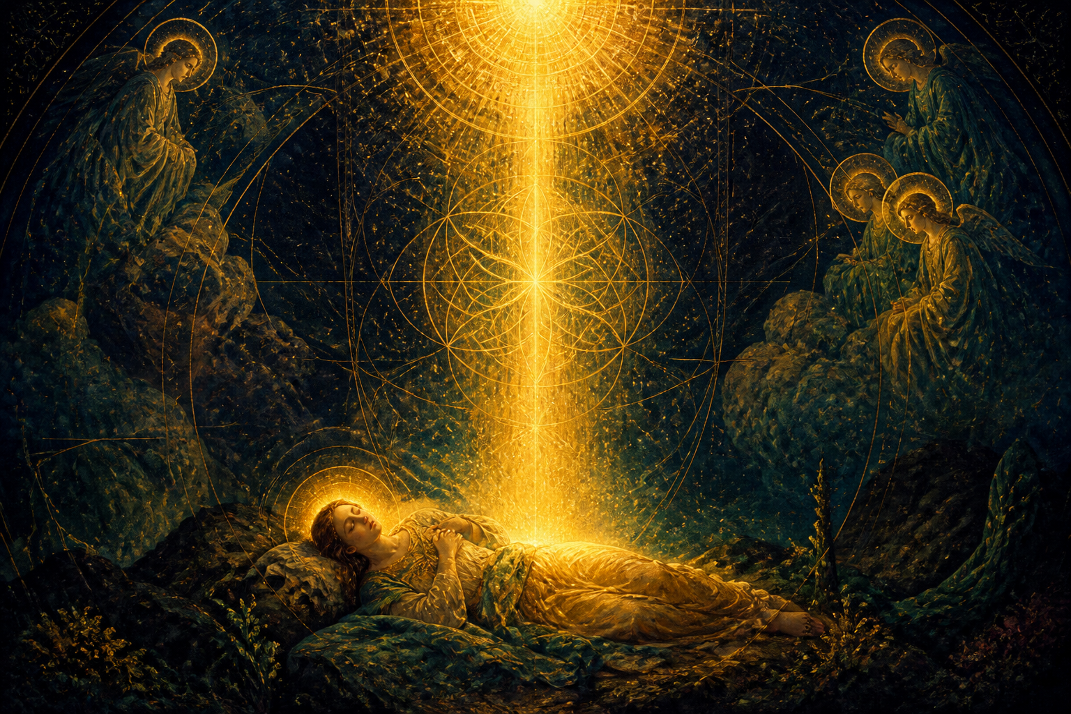 A beam of golden light descending from above to reach an awakening figure as dawn breaks the dark