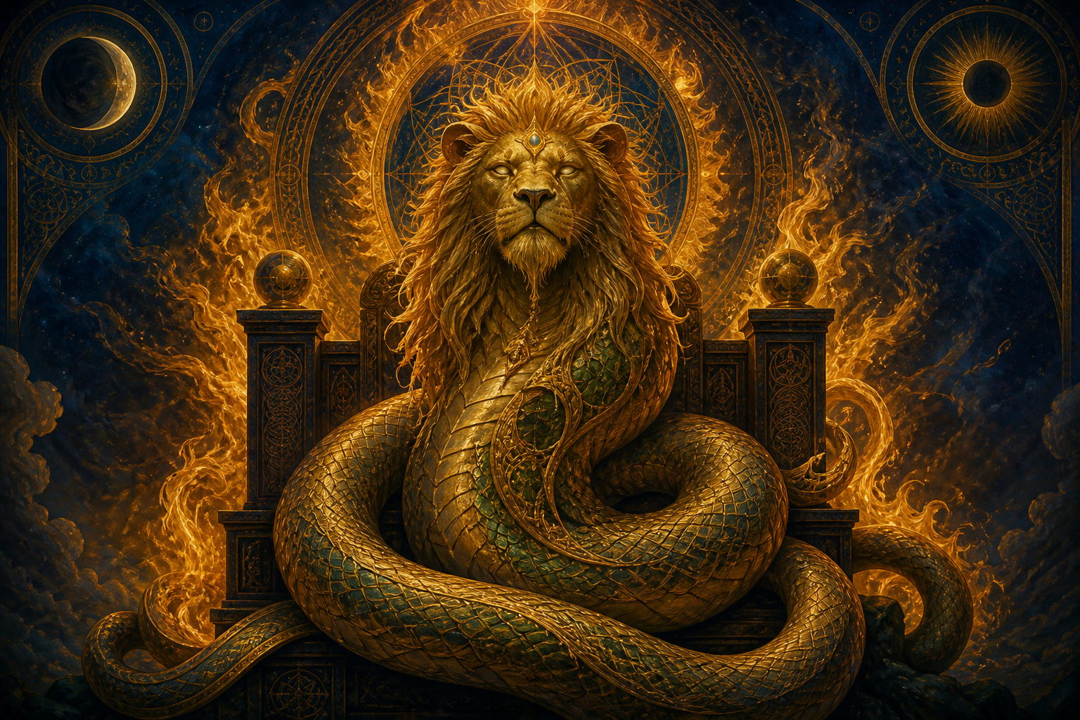A lion-faced, serpent-formed demiurge wreathed in fire upon a dim throne